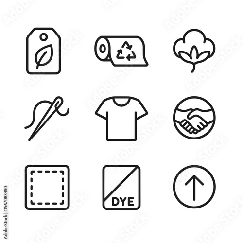 Eco Fashion Icons. Outline icon set of sustainable fashion label elements: hang tag with leaf, recycled fabric roll, organic