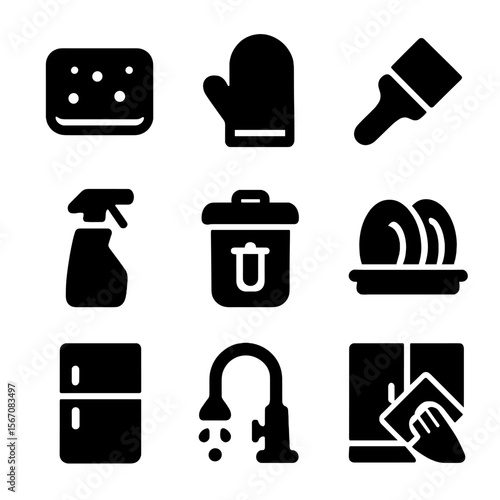 Kitchen Cleaning Icons. Solid, filled icon set of kitchen deep clean: sponge, oven mitt, stovetop brush, degreaser bottle,
