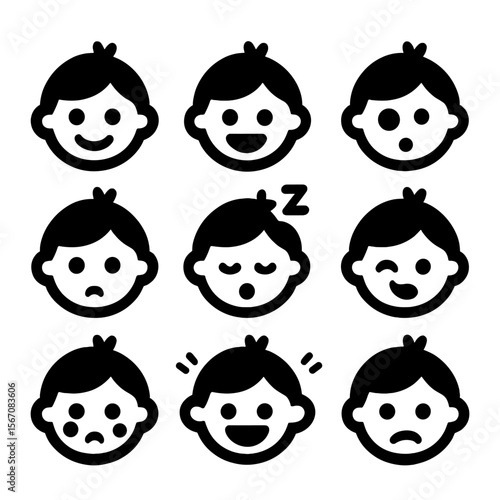 Grandchildren Emotion Icons. Solid, filled icon set of grandchildren emotions: happy face, laughing, curious eye, surprised