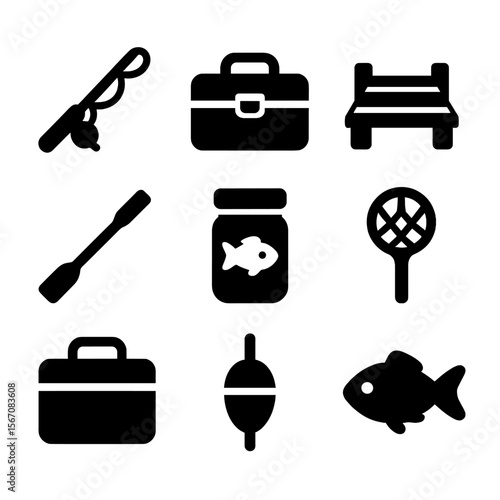 Fishing Gear Icons. Solid, filled icon set of fishing and lakeside gear: fishing rod, tackle box, wooden pier, boat paddle, bait