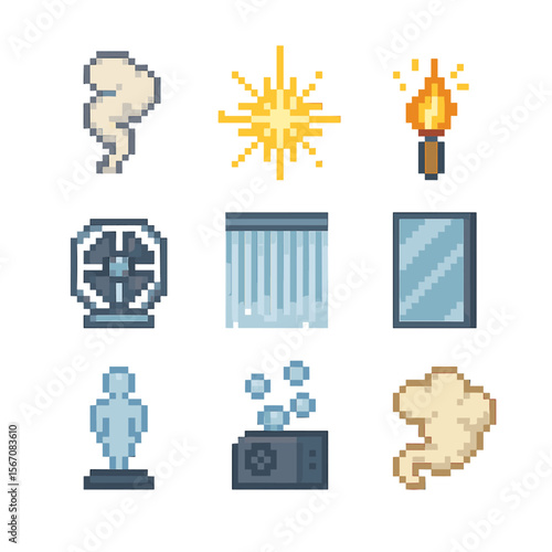 Theatrical Effects Icons. Pixel art icon set of theatrical effects: smoke plume, strobe burst, pyrotechnic spark, wind fan, rain