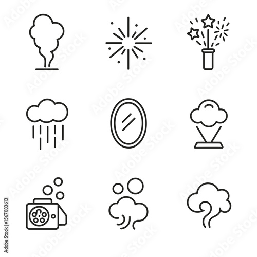 Theatrical Effects Icons. Outline icon set of theatrical effects: smoke plume, strobe burst, pyrotechnic spark, wind fan, rain