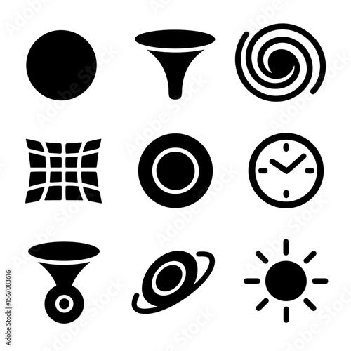 Gravitational Anomalies Icons. Solid, filled icon set of gravitational anomalies: black hole, gravity well, space-time ripple,