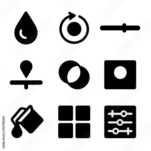 Gradient Editing Icons. Solid, filled icon set of gradient editing features: opacity control, hue shift, saturation slider,