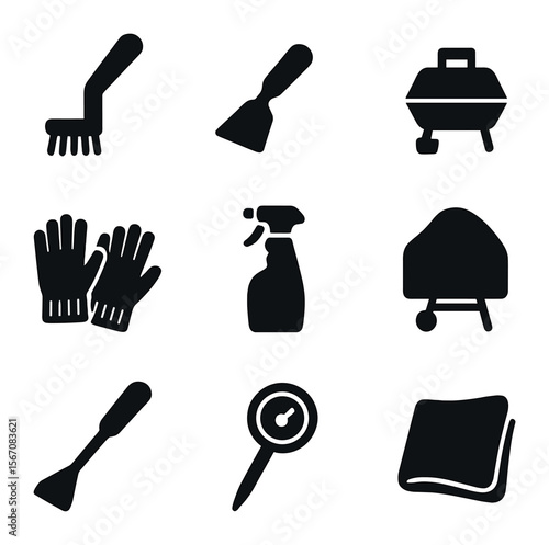 Grill Maintenance Icons. Solid, filled icons set of grill maintenance: steel brush, scraper, ash pan, heat