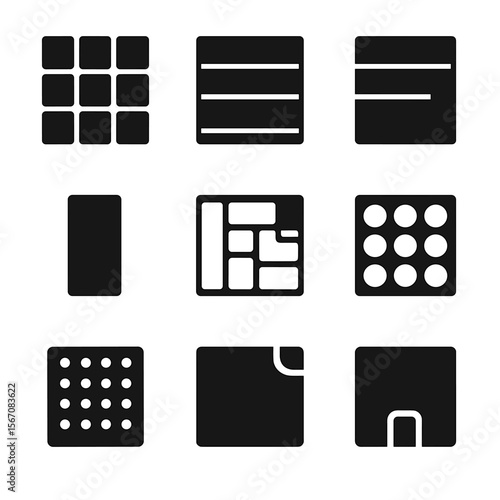 Drawer Organizer Icons. Solid, filled icons set of drawer organizer layouts: square grid, lined tray, tiered