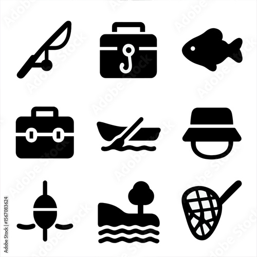 Fishing Icon Set. Solid, filled icon set of fishing and lakeside activities: fishing rod, bait box, fish, tackle box, boat,