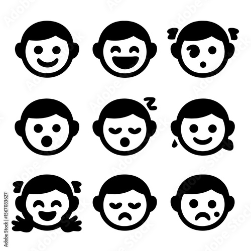 Grandchildren Emotion Icons. Solid, filled icon set of grandchildren emotions: happy face, laughing, curious eye, surprised
