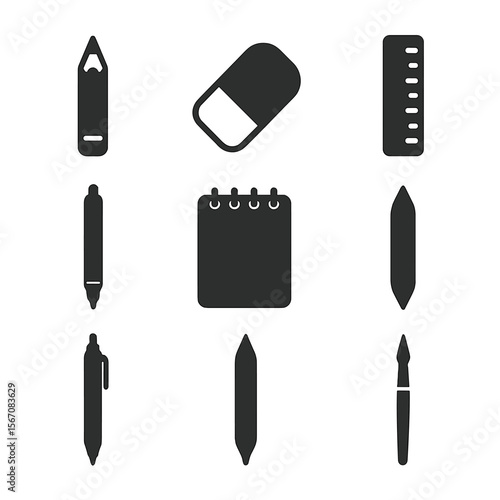 Drawing Essentials Icons. Solid, filled icons set of drawing essentials: graphite pencil, eraser, ruler, fine