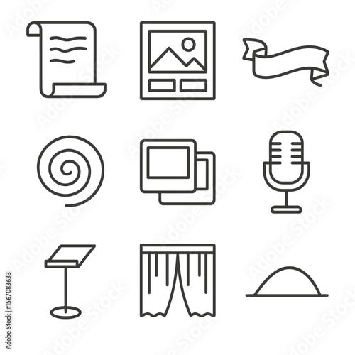 Theatre Storytelling Icons. Outline icon set of theatrical storytelling devices: scroll script, storyboard panel, narrative ribbon