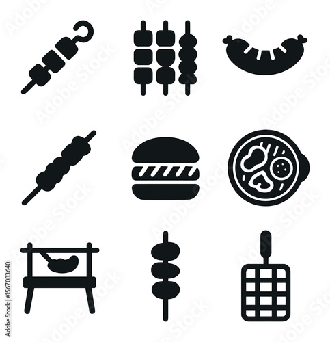 Global Grilling Icons. Solid, filled icons set of global grilling styles: kebab skewer, yakitori, bratwurst,