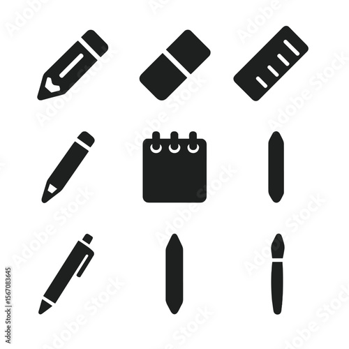 Drawing Essentials Icons. Solid, filled icons set of drawing essentials: graphite pencil, eraser, ruler, fine