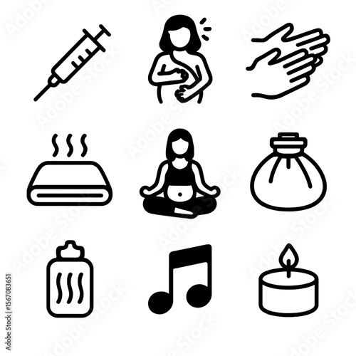 Labor Pain Relief Icons. Solid, filled icon set of labor pain management: pain relief injection, breathing exercises, massage