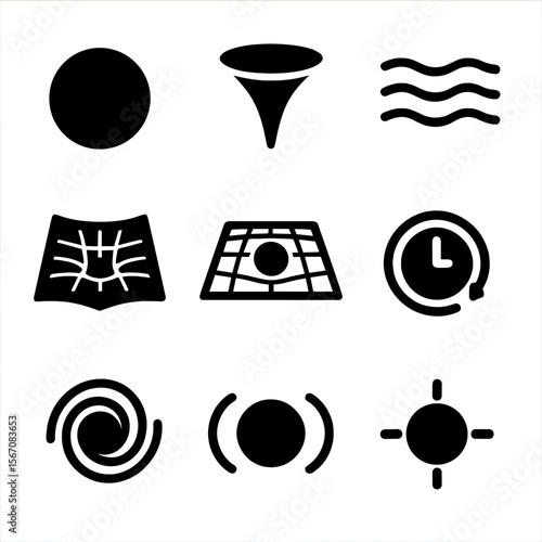 Gravitational Anomalies Icons. Solid, filled icon set of gravitational anomalies: black hole, gravity well, space-time ripple,