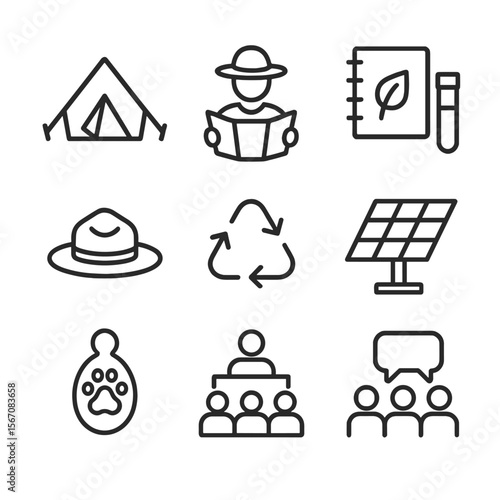 Eco-Tourism Icon Set. Outline icon set of eco-tourism and conservation efforts: eco tent, guide with map, research notebook, water