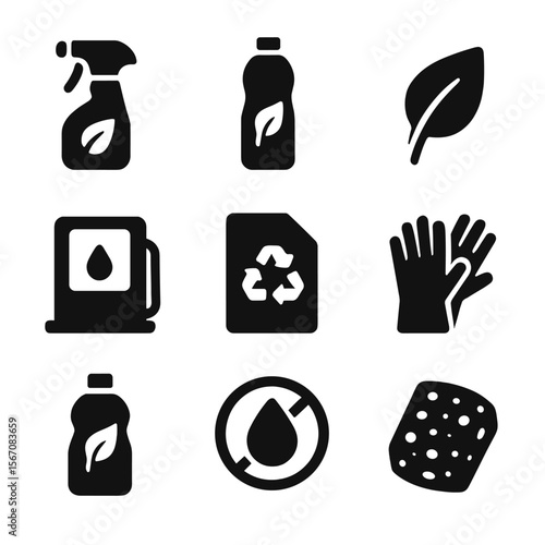 Green Cleaning Icons. Solid, filled icon set of green cleaning practices: eco spray, biodegradable bottle, leaf symbol, refill