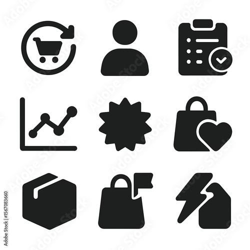 E-commerce Icon Set. Solid, filled icons set of e-commerce recommendation logic: buy again icon, customer