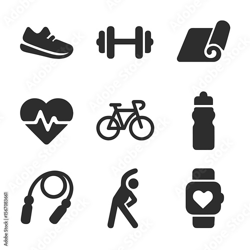 Fitness Icon Set. Solid, filled icon set of physical activity and fitness: running shoe, dumbbell, yoga mat, bicycle, heart rate
