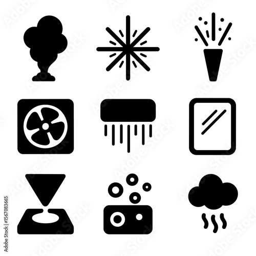 Theatrical Effects Icons. Solid, Filled icon set of theatrical effects: smoke plume, strobe burst, pyrotechnic spark, wind fan,