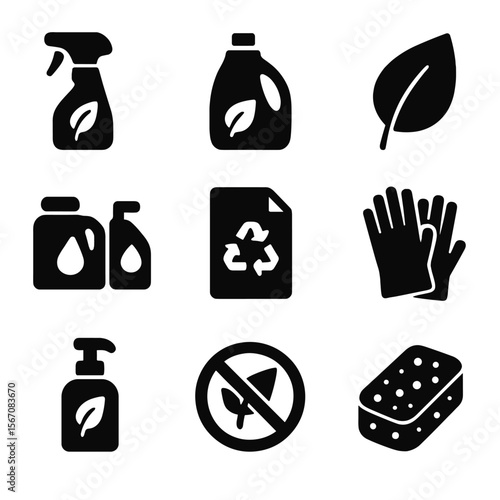Green Cleaning Icons. Solid, filled icon set of green cleaning practices: eco spray, biodegradable bottle, leaf symbol, refill