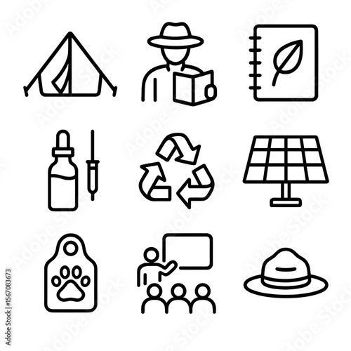 Eco-Tourism Icon Set. Outline icon set of eco-tourism and conservation efforts: eco tent, guide with map, research notebook, water