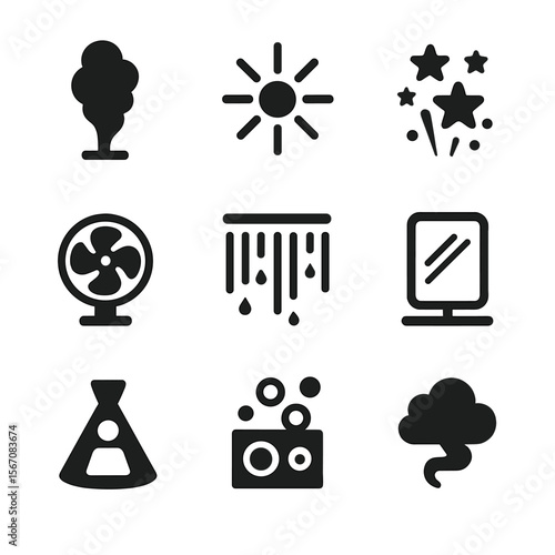 Theatrical Effects Icons. Solid, Filled icon set of theatrical effects: smoke plume, strobe burst, pyrotechnic spark, wind fan,