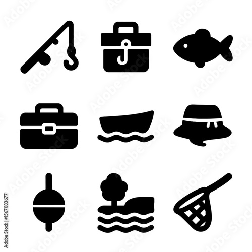 Fishing Icon Set. Solid, filled icon set of fishing and lakeside activities: fishing rod, bait box, fish, tackle box, boat,