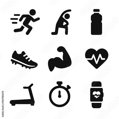 Fitness Icon Grid. Solid, filled icon set of running and training: sprint motion, warm-up stretch, water bottle, track shoes,