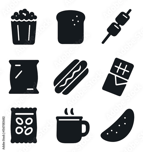 Campfire Snack Icons. Solid, filled icons set of campfire snacks: popcorn pouch, toasted bread, marshmallows,