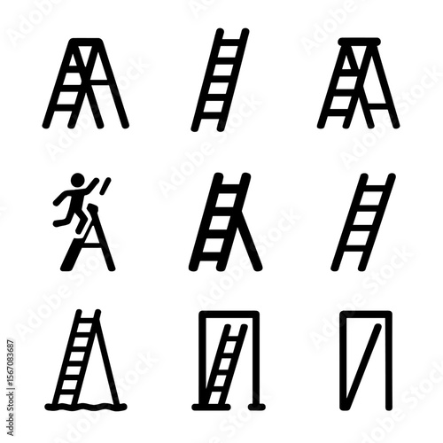 Ladder Icons Grid. Solid, filled icon set of ladder types and misuse: step ladder, extension ladder, platform ladder, leaning