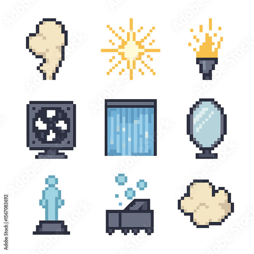 Theatrical Effects Icons. Pixel art icon set of theatrical effects: smoke plume, strobe burst, pyrotechnic spark, wind fan, rain