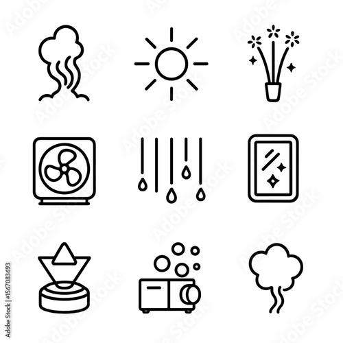 Theatrical Effects Icons. Outline icon set of theatrical effects: smoke plume, strobe burst, pyrotechnic spark, wind fan, rain