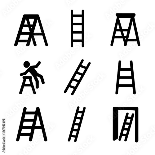 Ladder Icons Grid. Solid, filled icon set of ladder types and misuse: step ladder, extension ladder, platform ladder, leaning