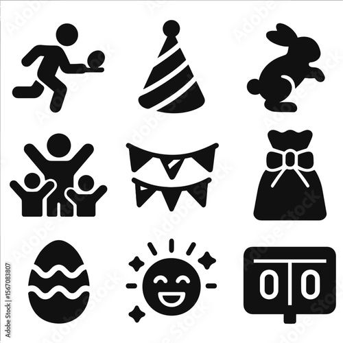 Easter Celebration Icons. Solid, filled icons set of Easter party and games: egg relay, party hat, bunny hop,
