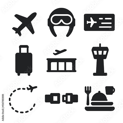Flight Essentials Icons. Solid, filled icon set of flight essentials: airplane, pilot helmet, boarding pass, luggage, airport