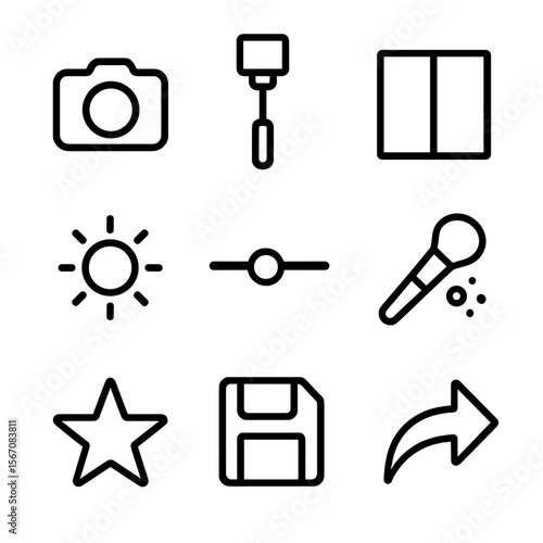 Photo Editing Icons. Outline icon set of photo editing for makeup comparison: camera outline, selfie stick, split-screen slider,