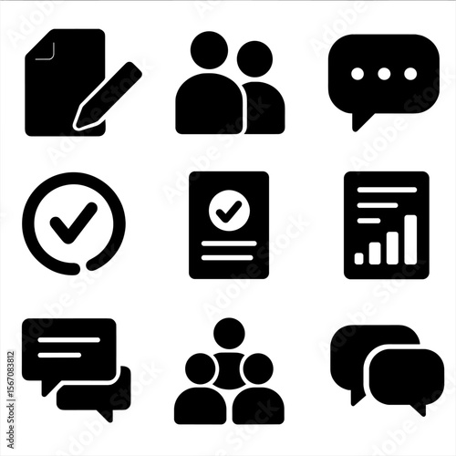Icon Grids_ Review & Marketing. Solid, filled icon set of peer review process: document, pencil, people, feedback, checkmark,