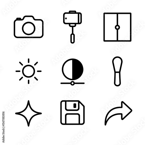 Photo Editing Icons. Outline icon set of photo editing for makeup comparison: camera outline, selfie stick, split-screen slider,