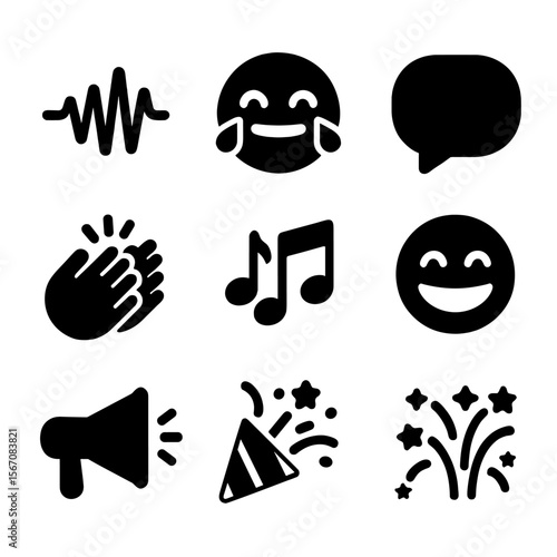 Laughter Sound Icons. Solid, filled icon set of laughter sounds and effects: sound wave, smiley face with tears, speech bubble,