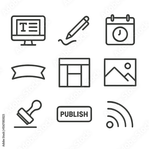 Editing Workflow Icons. Outline icon set of editing and publishing workflow: computer screen with article draft, red pen editing