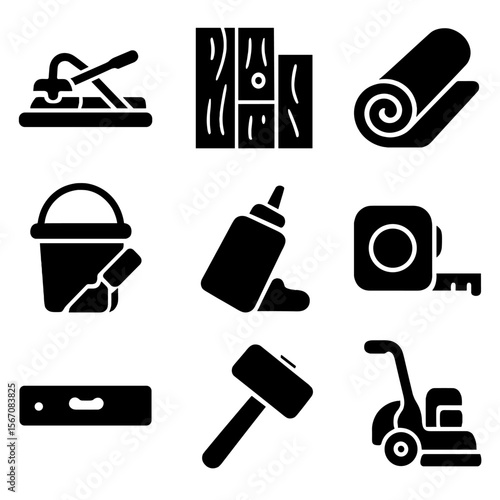 Flooring Installation Icons. Solid, filled icon set of flooring installation: tile cutter, hardwood plank, carpet roll, grout