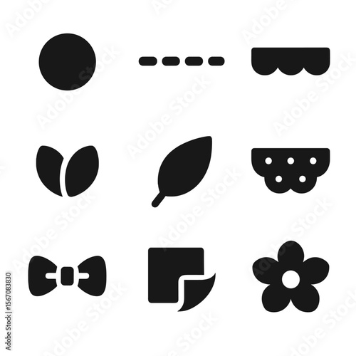Floral Icon Set. Solid, filled icon set of floral embellishment details: center bead, stitched line, ruffle trim, double petal,