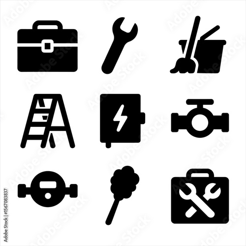 Laundry Room Tools Icons. Solid, filled icon set of laundry room maintenance tools: toolbox, wrench, mop bucket, step ladder, fuse
