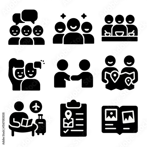 Group Travel Icons. Solid, filled icon set of group travel dynamics: conversation, laughter, shared meal, group selfie, handshake,