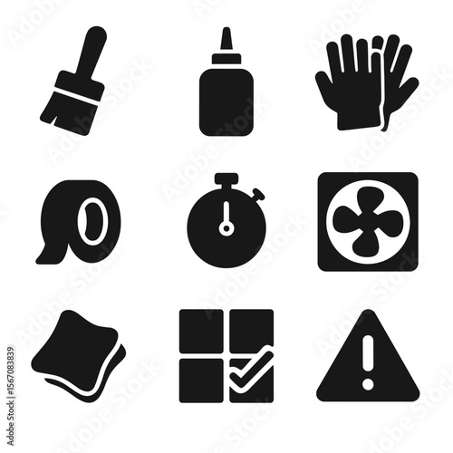 Grout Sealing Icons. Solid, filled icon set of grout sealing: sealant brush, sealant bottle, protective gloves, masking tape,