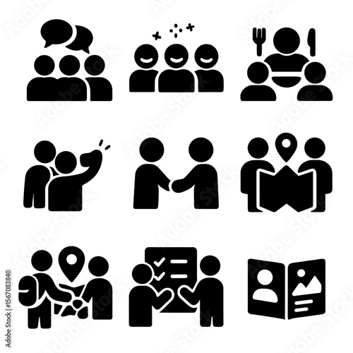 Group Travel Icons. Solid, filled icon set of group travel dynamics: conversation, laughter, shared meal, group selfie, handshake,