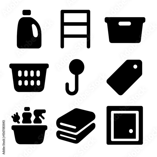 Laundry Room Icons. Solid, filled icon set of laundry room organization: detergent bottle, shelf unit, storage bin, laundry basket