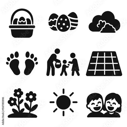 Easter Egg Hunt Icons. Solid, filled icons set of outdoor Easter egg fun: lawn basket, plastic eggs, hiding