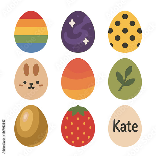 Easter Egg Icons. Solid, filled icons set of Easter egg decorating themes: rainbow egg, galaxy swirl, polka