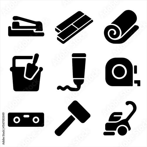 Flooring Installation Icons. Solid, filled icon set of flooring installation: tile cutter, hardwood plank, carpet roll, grout